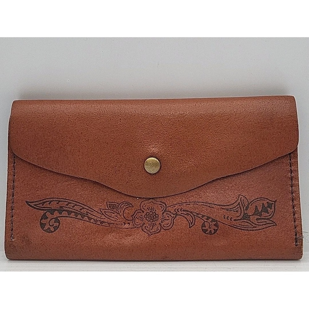 Vintage handmade leather coin‎ purse flap, snap closure, multiple...